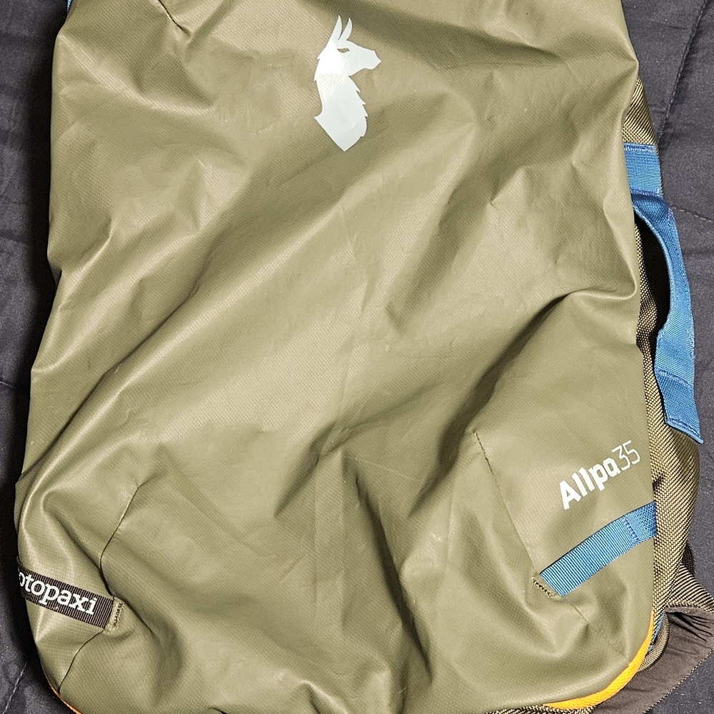 Cotopaxi Allpa 35L Backpack in Olive & Blue With Yellow Rainfly